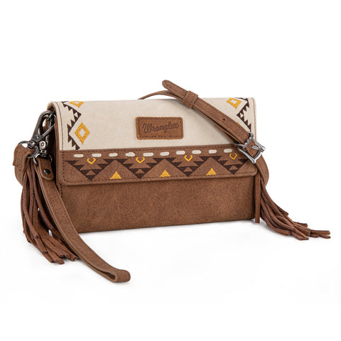 Wrangler Aztec Embroidered Fringe Wallet/Crossbody -Beige