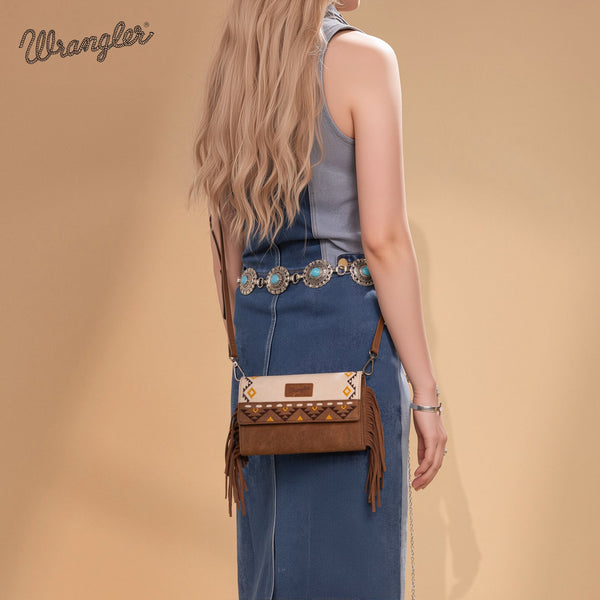 Wrangler Aztec Embroidered Fringe Wallet/Crossbody -Beige