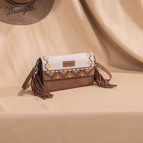 Wrangler Aztec Embroidered Fringe Wallet/Crossbody -Beige