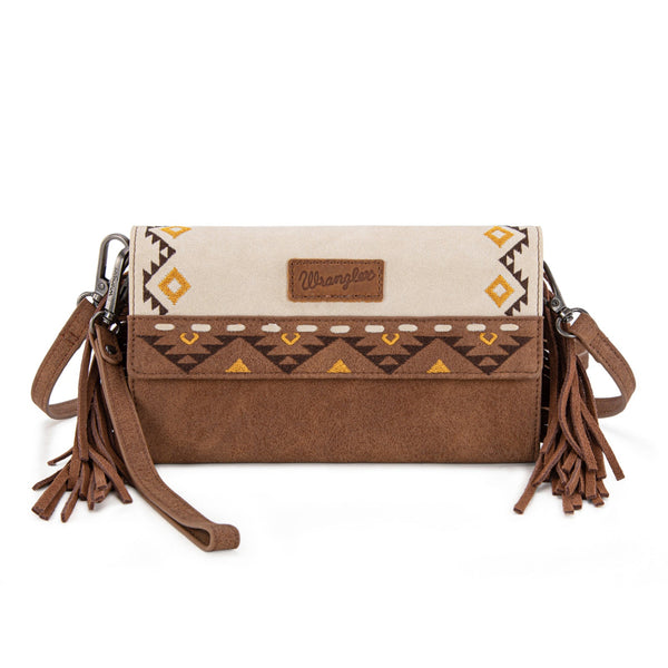 Wrangler Aztec Embroidered Fringe Wallet/Crossbody -Beige