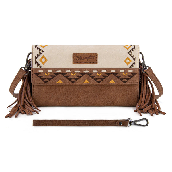 Wrangler Aztec Embroidered Fringe Wallet/Crossbody -Beige