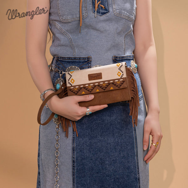 Wrangler Aztec Embroidered Fringe Wallet/Crossbody -Beige