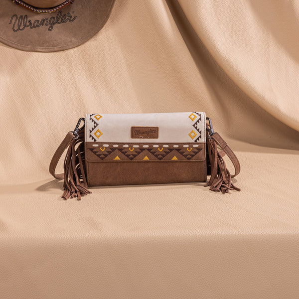 Wrangler Aztec Embroidered Fringe Wallet/Crossbody -Beige