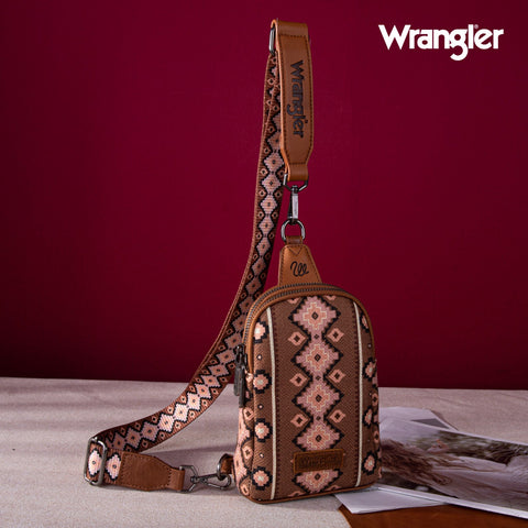 Wrangler Aztec Print Crossbody Sling Chest Bag With Zip Card Holder Set-Dark Brown