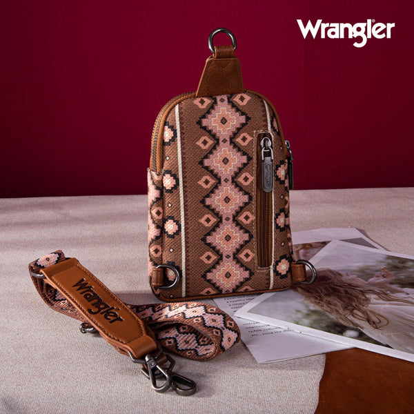 Wrangler Aztec Print Crossbody Sling Chest Bag With Zip Card Holder Set-Dark Brown