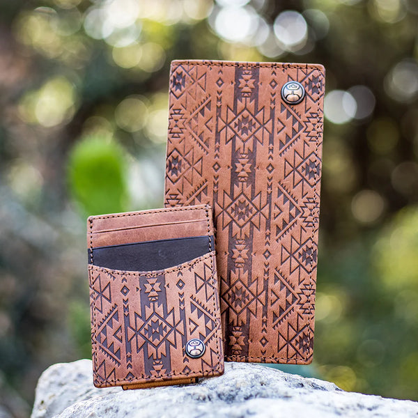 HOOEY "MONTEREY" MONEY CLIP BROWN W/ AZTEC EMBOSSED PRINT