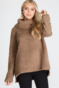 LONG SLEEVE COWL NECK SHERPA KNIT PULLOVER TOP