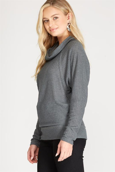LONG SLEEVE BRUSHED THERMAL KNIT COWL NECK TOP