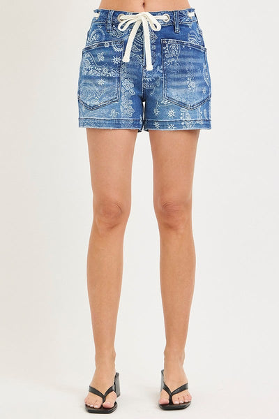 Risen Maggie Drawstring Paisley Denim Shorts