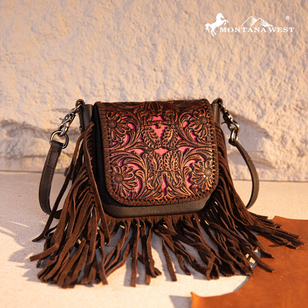 Montana West Genuine Leather Tooled Fringe Crossbody