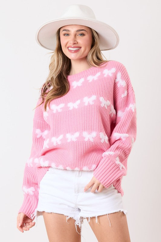 Loose Fit Acrylic Pink Bow Sweater