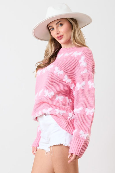 Loose Fit Acrylic Pink Bow Sweater