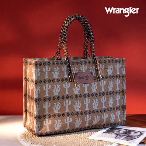 Wrangler Cactus Oversized Tote Bag Braided Handles Weekender Bag- Coffee