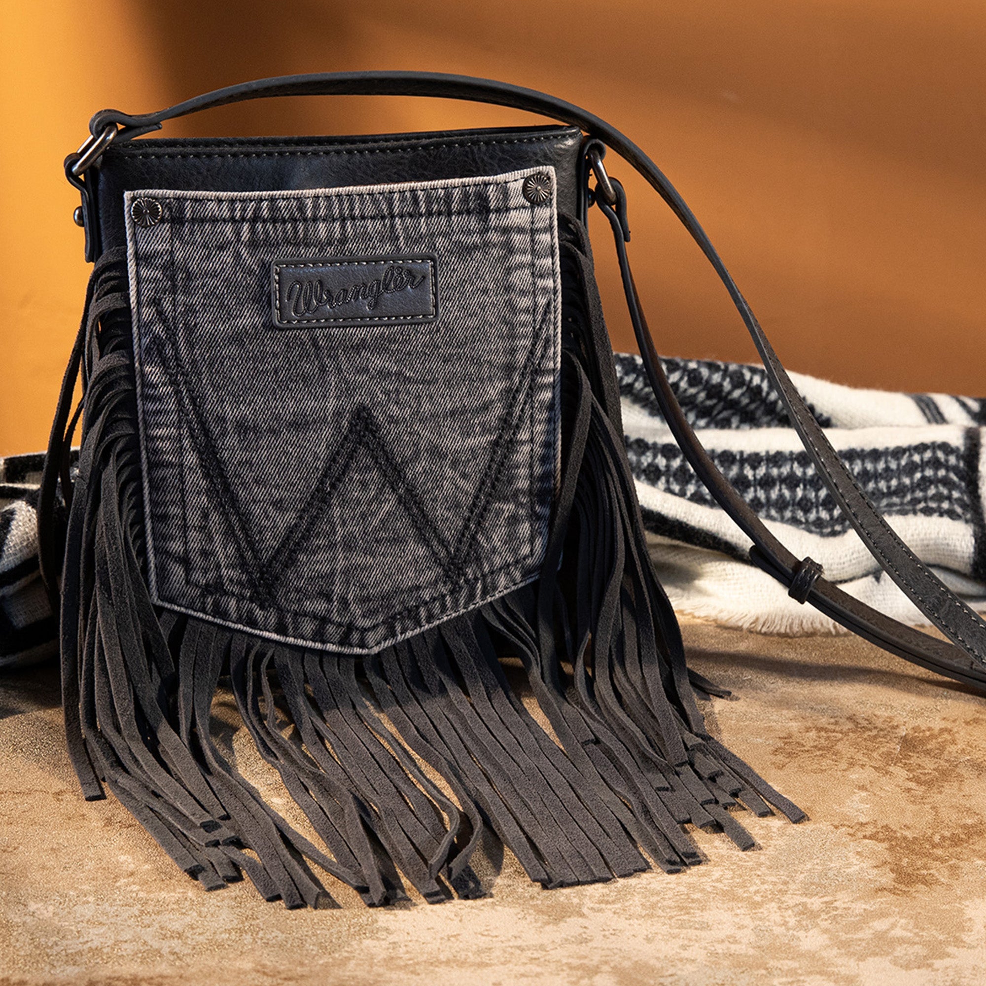 Wrangler Leather Fringe Jean Denim Pocket Crossbody - Light Black