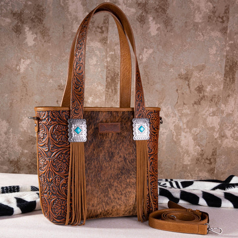 Wrangler Hair-On Cowhide Vintage Floral Concealed Carry Tote/Crossbody - Brown