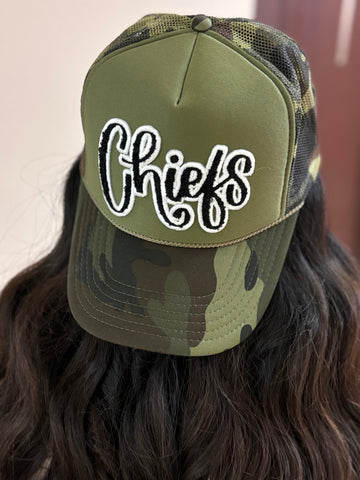 Black & White Chiefs Chenille Patch Trucker Cap by Randi Mahomes