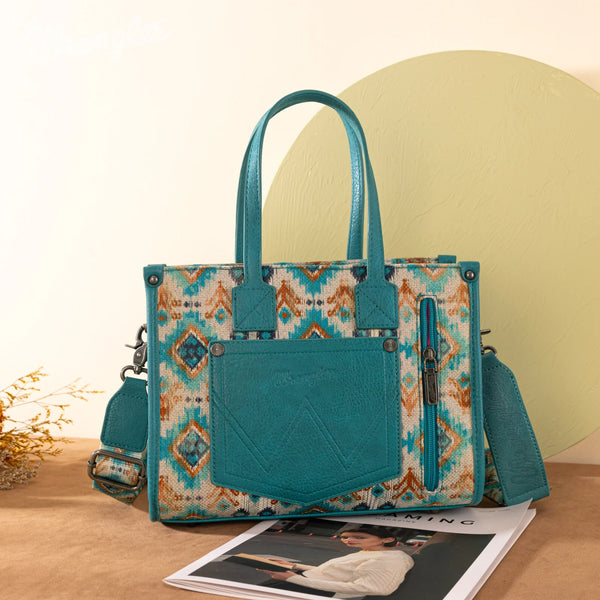 Wrangler Southwestern Pattern Dual Sided Print Concealed Carry Tote//Crossbody - Turquoise