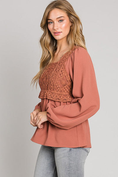 CROCHET TRIMMED SQUARE NECK ELEGANT BLOUSE FEATURED IN SMOCKED BACK WITH TIE DETAIL