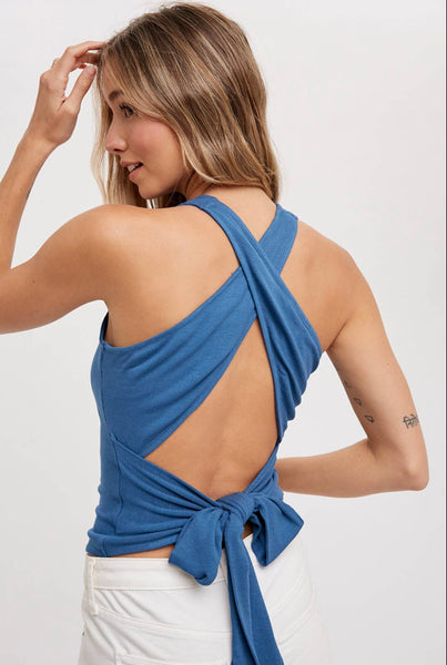 RIBBED OPEN BACK SELF TIE CROP TOP