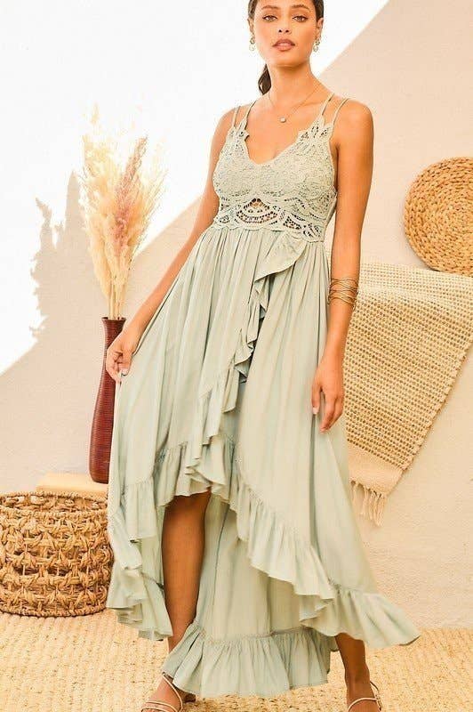Two Shoulder Strap Crochet Hi-Lo Ruffle Maxi Dress