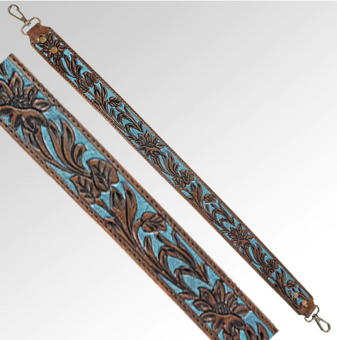 TEAL TOOLED PURSE STRAP-28"