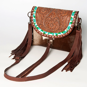 Tooled Cowhide with Turquoise Aztec Print Purse