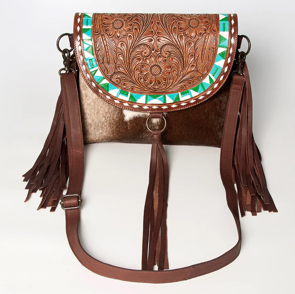 Tooled Cowhide with Turquoise Aztec Print Purse