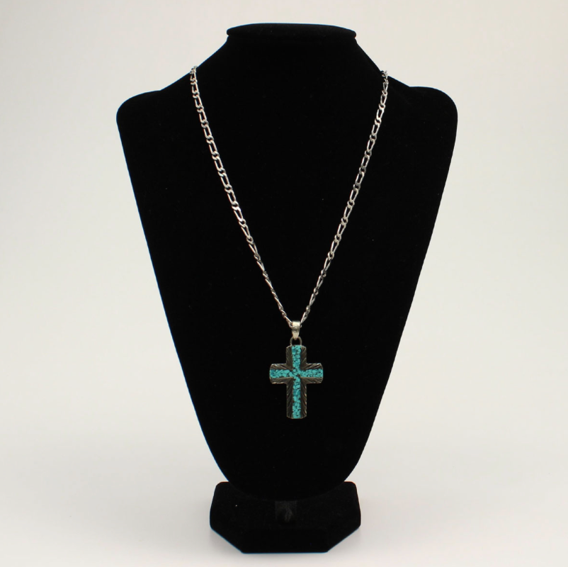 SILVER STRIKE MENS NECKLACE 24IN SILVER TURQOISE CROSS