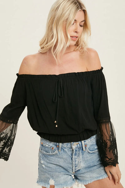 Lace Trim Bell Sleeves Blouse