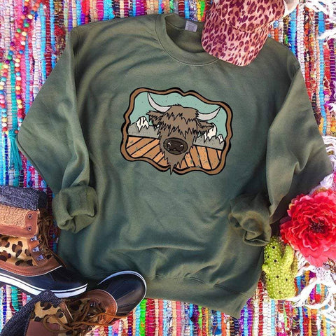 "HIGHLAND COW and the MOUNTAINS" on Military Sweatshirt