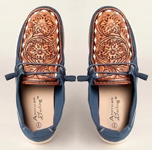 Tooled Floral Leather Canvas Shoes