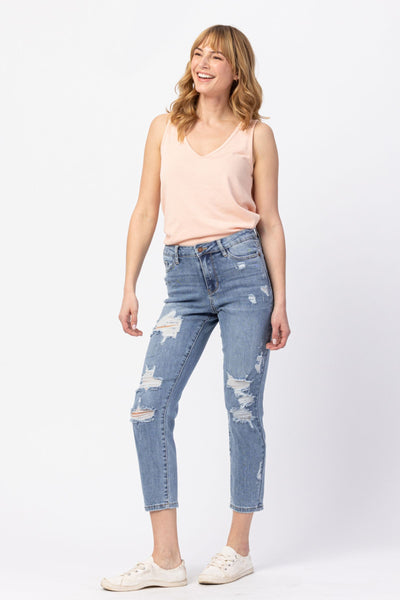 JUDY BLUE ROSEBUD HIGH WAIST DESTROYED BOYFRIEND