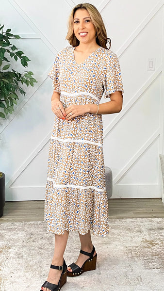 QUIET SATURDAY FLOWY SHORT SLEEVE LEOPARD TIERED MIDI DRESS