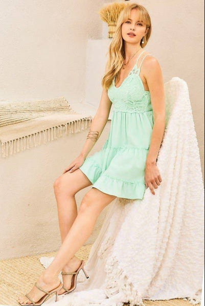 Lace Trim Back Tie Tiered Ruffle Solid Dress-PLUS