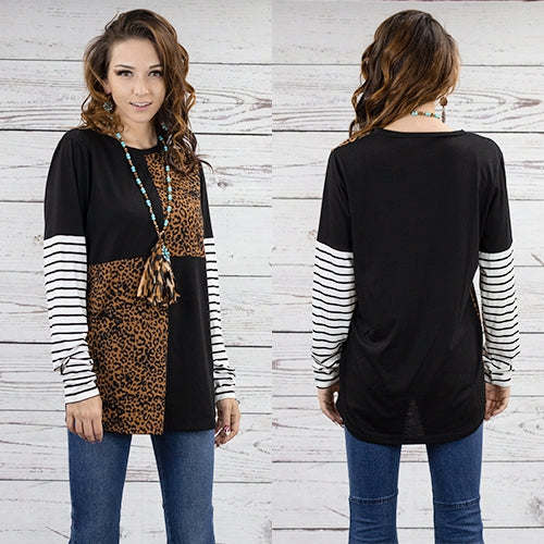 Leopard Color Block and Striped Long Sleeve Top