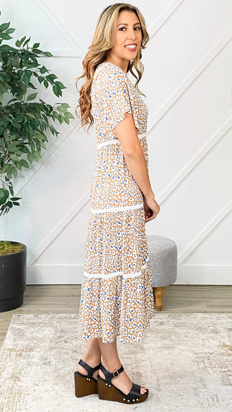 QUIET SATURDAY FLOWY SHORT SLEEVE LEOPARD TIERED MIDI DRESS