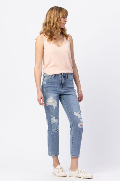 JUDY BLUE ROSEBUD HIGH WAIST DESTROYED BOYFRIEND