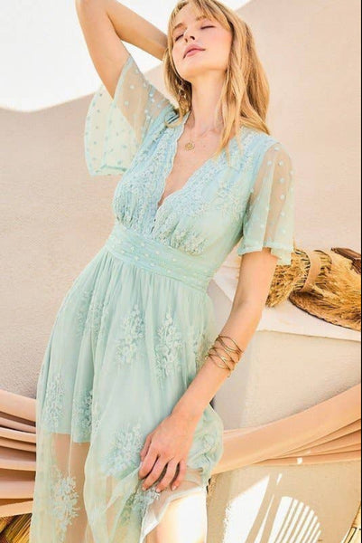 V Neck Ruffle Sleeve Side Slit Mesh Maxi Dress