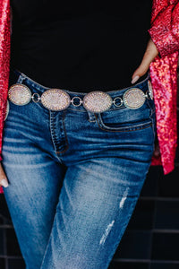 A WEEKEND IN DALLAS OVAL IRIDESCENT CRYSTAL CONCHO LINK BELT