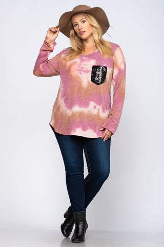 Tie dye with black sequins patch pocket plus size top