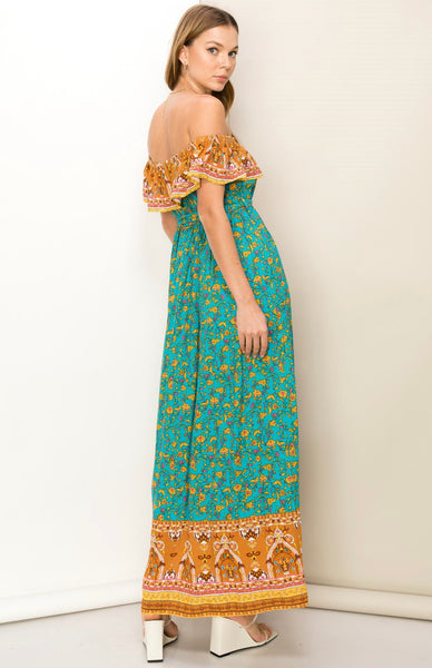 DANCE WITH ME BORDER PRINT STRAPLESS MAXI DRESS