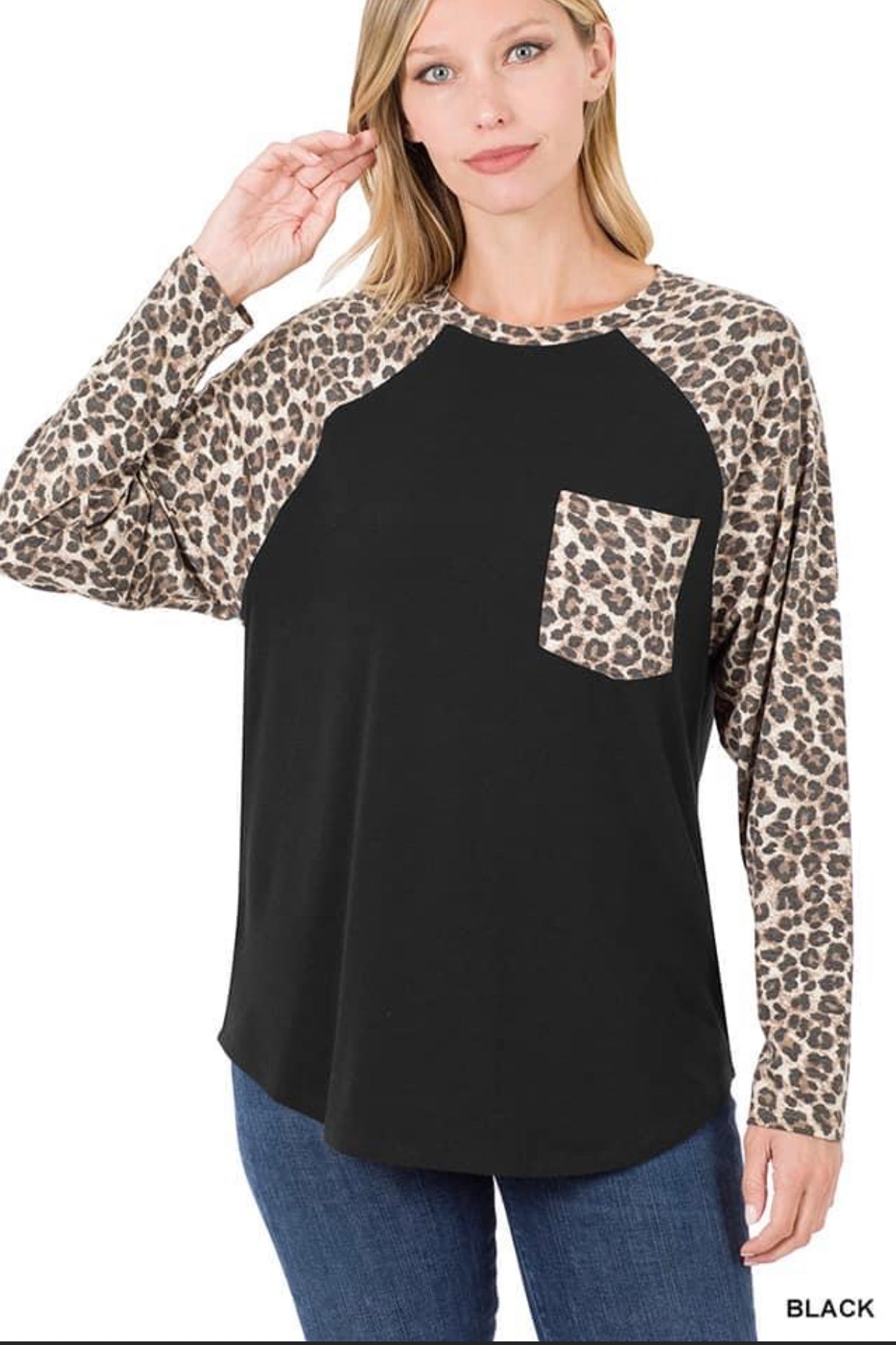 Zenana Black Leopard LS Blouse