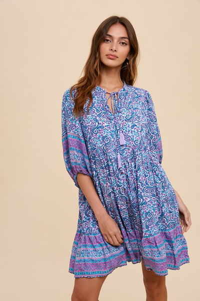 Paisley Print Button Front Mini Dress