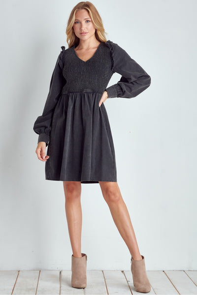 WASHED SMOCKED BUST FLARE DRESS WITH RUFFLED SHOULDERS