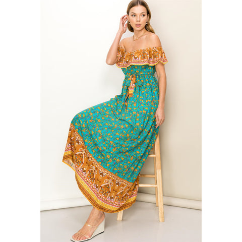 DANCE WITH ME BORDER PRINT STRAPLESS MAXI DRESS